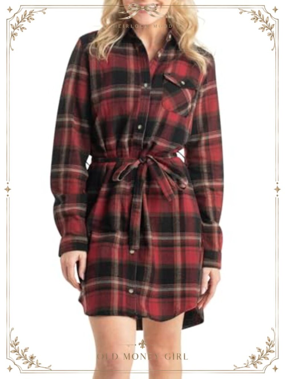 Plaid Flannel Button Down Tunic Dress with Belt Long Sleeve Casual